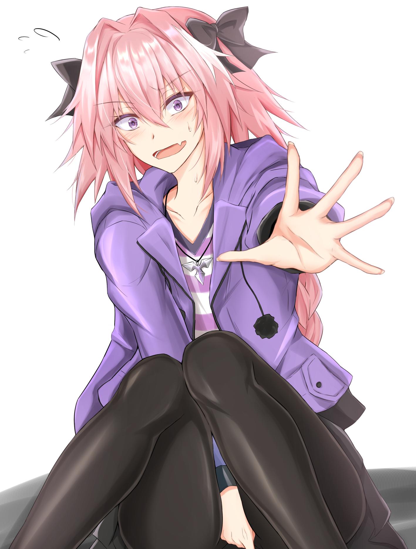 1boy astolfo_(fate) bangs black_bow black_legwear black_skirt blush bow braid casual collarbone commentary_request drawstring eyebrows_visible_through_hair fang fate/apocrypha fate_(series) feet_out_of_frame flying_sweatdrops hair_between_eyes hair_bow hair_intakes highres hood hooded_jacket jacket knees_up long_braid long_hair long_sleeves looking_at_viewer male_focus miniskirt open_clothes open_jacket open_mouth otoko_no_ko pantyhose pink_hair piro_(iiiiiiiiii) pom_pom_(clothes) purple_eyes purple_jacket purple_shirt shirt sidelocks simple_background sitting skin_fang skirt skirt_tug striped striped_shirt sweat thighs white_background white_shirt