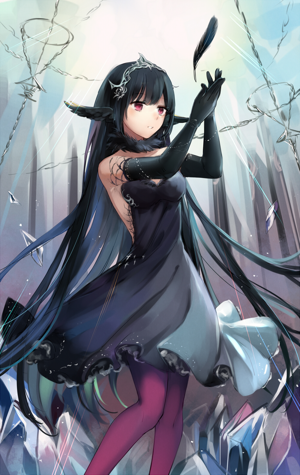 1girl backless_dress backless_outfit bangs black_dress black_feathers black_gloves black_hair collarbone diadem dress elbow_gloves eyebrows_visible_through_hair floating_hair gloves highres long_hair pantyhose parted_lips red_eyes red_legwear shadowverse short_dress sleeveless sleeveless_dress solo standing straight_hair strapless strapless_dress very_long_hair yorktown_cv-5