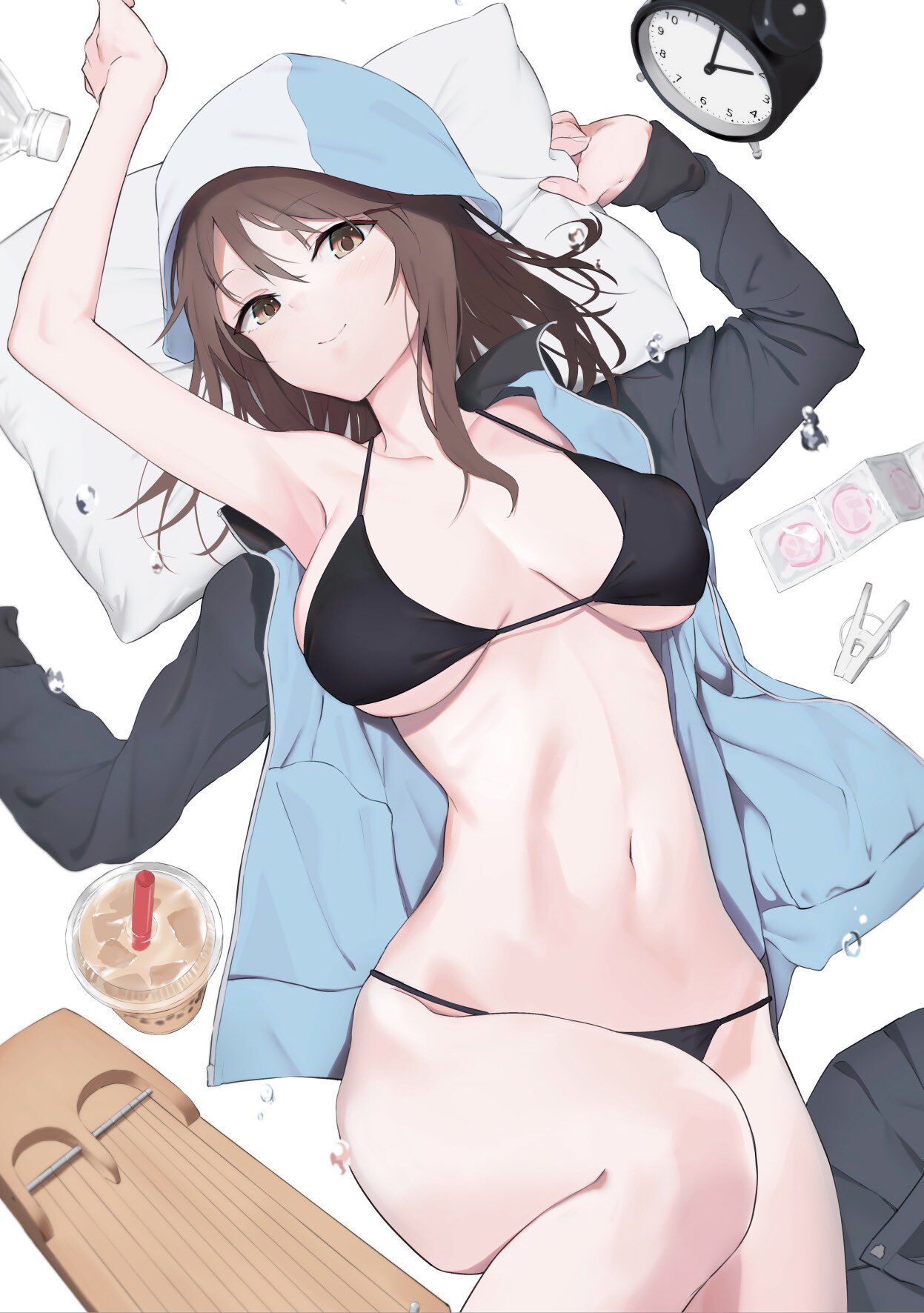 1girl alarm_clock armpits arms_up bangs bare_shoulders bikini bikini_under_clothes black_bikini bottle breasts brown_eyes brown_hair bubble_tea cleavage clock collarbone condom_packet_strip condom_wrapper cup disposable_cup drinking_straw eyebrows_visible_through_hair girls_und_panzer hat highres instrument jacket kantele keizoku_military_uniform large_breasts long_hair looking_at_viewer lying mika_(girls_und_panzer) muteki_soda on_back pillow smile solo string_bikini swimsuit track_jacket underboob water_bottle