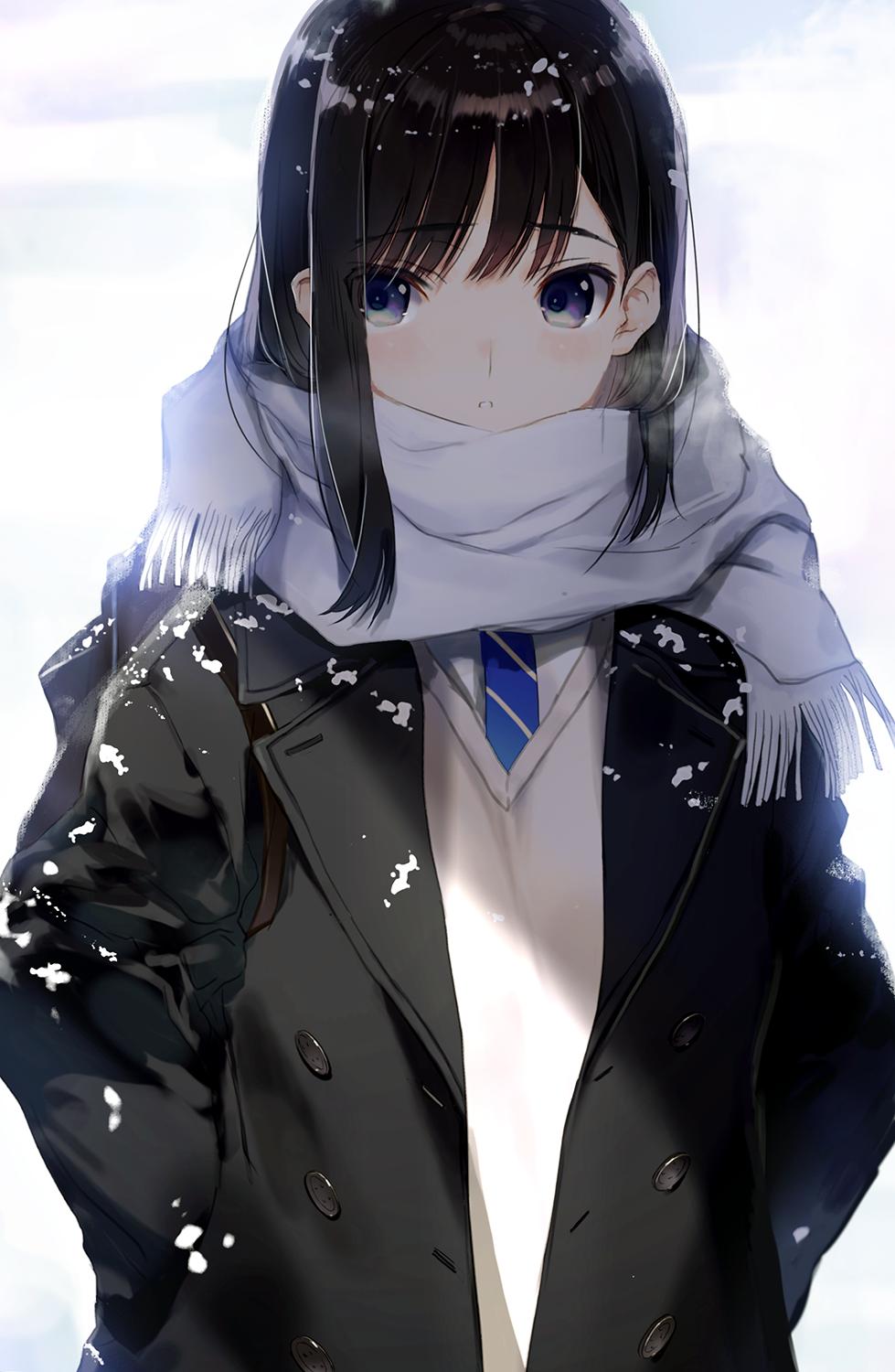 1girl black_coat black_hair blue_eyes blue_neckwear blurry blurry_background breath buttons coat eyebrows_visible_through_hair eyes_visible_through_hair fringe_trim hair_between_eyes hands_in_pockets highres long_hair long_sleeves looking_at_viewer nakamura_takeshi necktie original outdoors parted_lips scarf school_uniform shadow shirt sidelocks snow snowing solo upper_body v-neck vest white_background white_scarf white_shirt winter winter_clothes