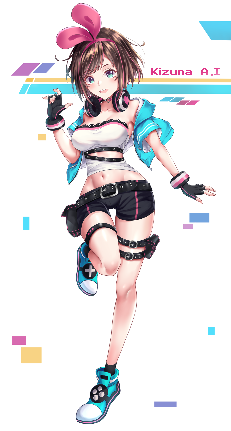 1girl :d a.i._channel belt belt_buckle black_belt black_gloves black_shorts blue_eyes breasts brown_hair buckle character_name cleavage collarbone crop_top fingerless_gloves gloves hairband headphones headphones_around_neck highlights highres kizuna_ai looking_at_viewer medium_breasts midriff multicolored_hair navel open_mouth pink_hair pink_hairband shiny shiny_hair shoes short_hair short_shorts shorts smile sneakers solo standing standing_on_one_leg stomach striped thigh_gap thigh_strap user_wye9686 virtual_youtuber white_background