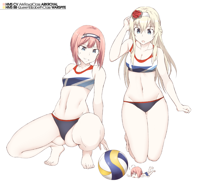 3girls ark_royal_(kantai_collection) ball bangs beach_volleyball bikini black_bikini_bottom blonde_hair blue_eyes blunt_bangs bob_cut braid breasts character_name cleavage collarbone fairy_(kantai_collection) french_braid hairband kantai_collection long_hair long_sleeves medium_breasts minigirl mismatched_bikini multiple_girls red_hair short_hair simple_background small_breasts souji sports_bikini swimsuit volleyball warspite_(kantai_collection) white_background white_hairband