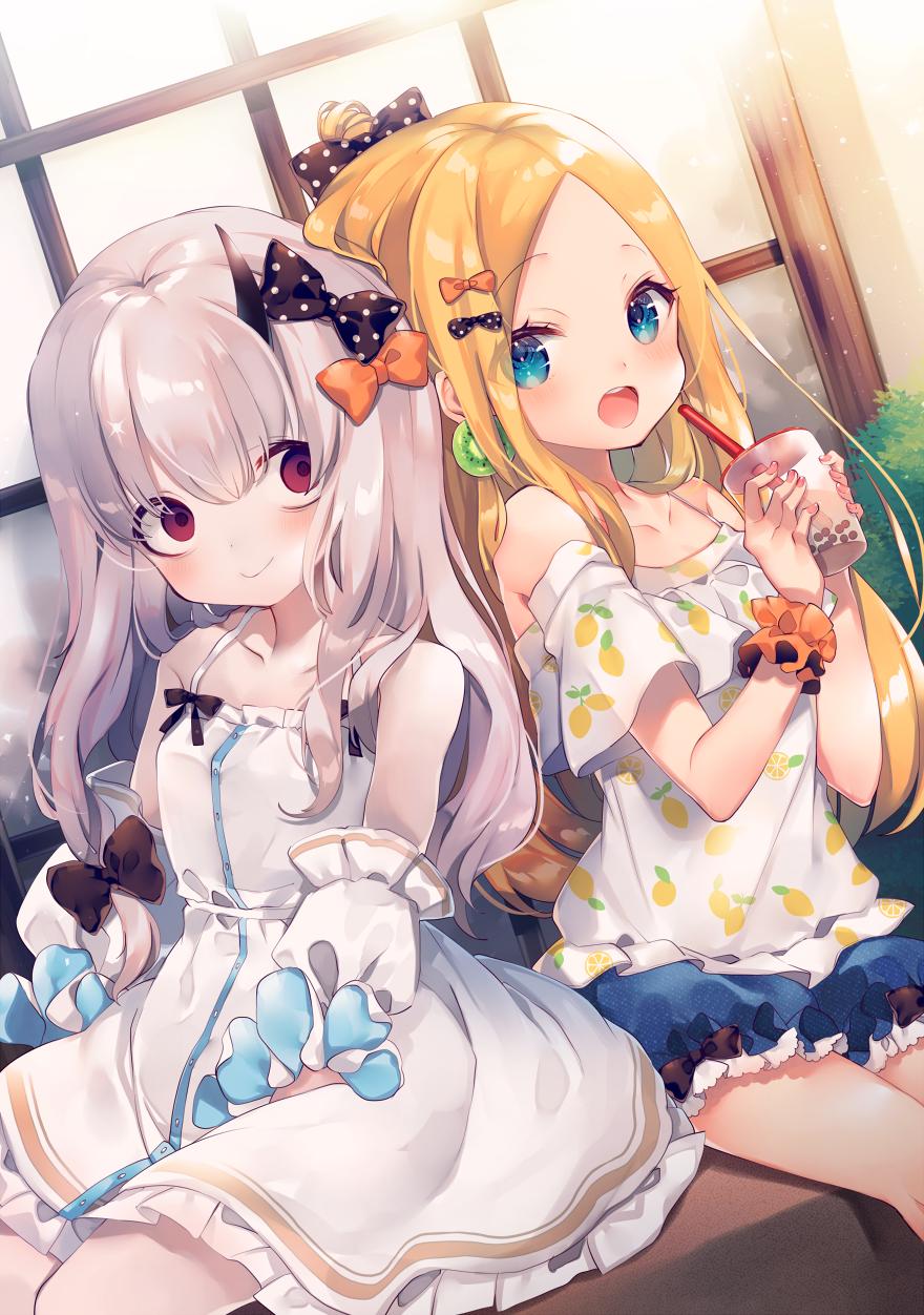 abigail_williams_(fate/grand_order) ana_(rznuscrf) bags_under_eyes bangs bow bubble_tea casual detached_sleeves dress earrings fate/grand_order fate_(series) forehead highres horn jewelry lavinia_whateley_(fate/grand_order) orange_bow pale_skin parted_bangs polka_dot polka_dot_bow shorts sitting white_dress