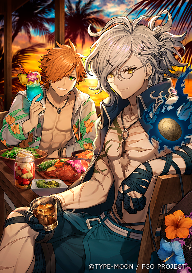 2boys blue_headwear blue_jacket edmond_dantes_(fate/grand_order) fate/grand_order fate_(series) floral_print glasses hair_ornament hairclip hat hood hoodie jacket jacket_on_shoulders jewelry male_focus male_swimwear mason_jar monte_cristo_selection multiple_boys necklace official_art orange_hair palm_tree ponytail robin_hood_(fate) routo silver_hair summer_hunter sunset swim_trunks swimwear tree