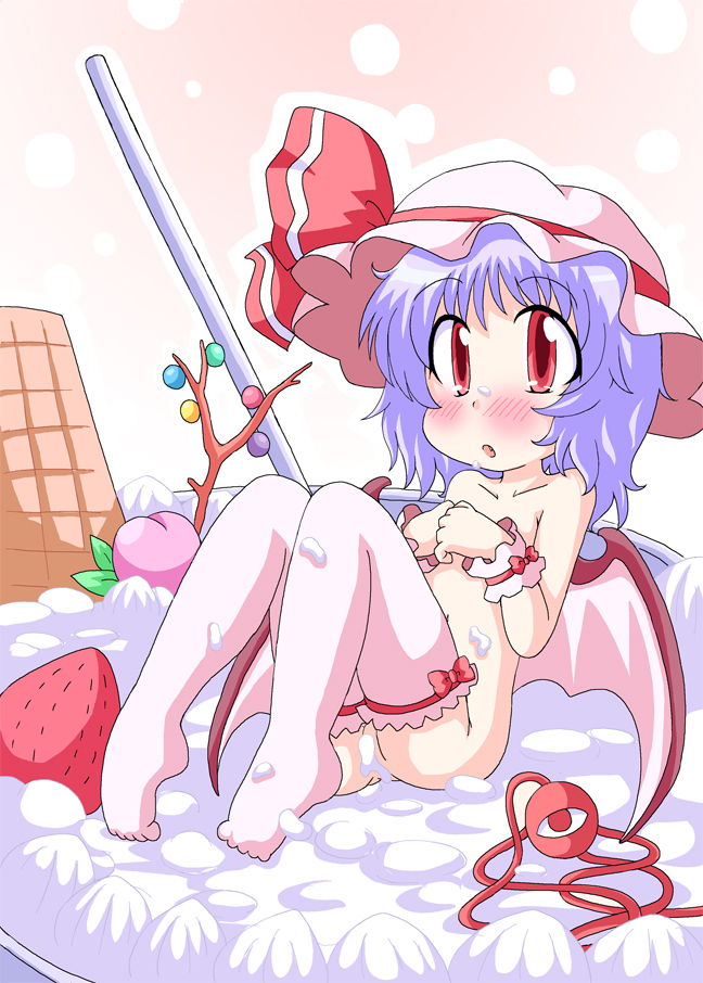 bat_wings blue_hair blush feet food fruit geetsu hat nude peach red_eyes remilia_scarlet ribbon solo strawberry thighhighs touhou wings wrist_cuffs