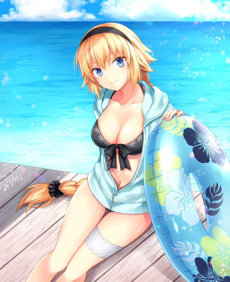 1girl bangs bikini bikini_under_clothes black_bikini black_hairband black_scrunchie blonde_hair blue_eyes blue_jacket blue_sky blush braid breasts cleavage closed_mouth cloud cloudy_sky collarbone commentary_request day eyebrows_visible_through_hair fate/grand_order fate_(series) feet_out_of_frame fingernails hair_between_eyes hair_ornament hair_scrunchie hairband hood hood_down hooded_jacket horizon innertube jacket jeanne_d'arc_(fate)_(all) jeanne_d'arc_(swimsuit_archer) kubyou_azami long_hair medium_breasts ocean open_clothes open_jacket outdoors scrunchie signature single_braid sitting sky smile solo swimsuit very_long_hair water
