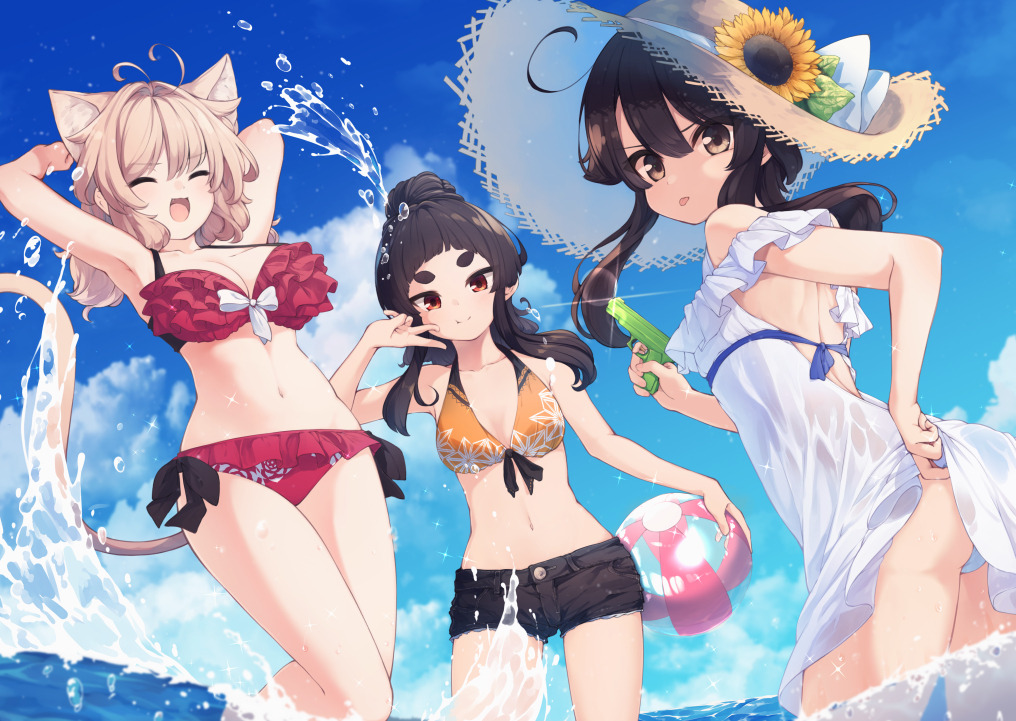 3girls :d ^_^ ahoge animal_ear_fluff animal_ears antenna_hair arms_up ass ball bare_shoulders beachball bikini bikini_top black_hair black_shorts blue_sky blush breasts brown_eyes brown_headwear cat_ears cat_girl cat_tail cleavage closed_eyes closed_mouth cloud cloudy_sky collarbone day dress flower frilled_bikini frills hair_bun halter_top halterneck hat hat_flower holding holding_ball kuranami_shiki large_breasts light_brown_hair long_hair looking_at_viewer looking_to_the_side multiple_girls natsuki_teru navel nekomiya_ryuu ocean open_mouth orange_bikini_top original outdoors panties red_bikini red_eyes shikibe_ayaka short_eyebrows short_shorts shorts sidelocks sky smile splashing standing straw_hat sunflower swimsuit tail thick_eyebrows tongue tongue_out underwear v-shaped_eyebrows wading water_gun white_dress white_panties yellow_flower