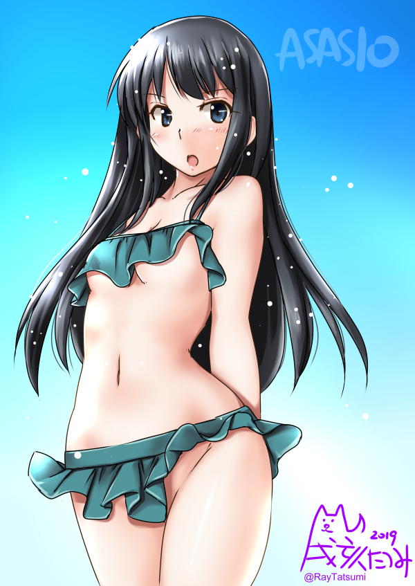 1girl arms_behind_back artist_logo asashio_(kantai_collection) bikini bikini_skirt black_hair blue_background blue_eyes breasts character_name collarbone cosplay cowboy_shot gradient gradient_background green_bikini kantai_collection kasumi_(kantai_collection) kasumi_(kantai_collection)_(cosplay) long_hair looking_at_viewer navel open_mouth small_breasts solo standing swimsuit tatsumi_ray twitter_username