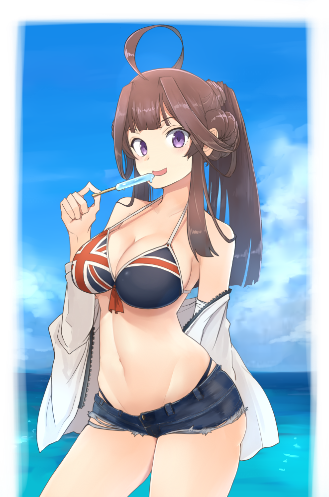 1girl :d ahoge arm_behind_back bare_shoulders bikini black_bikini blue_sky breasts brown_hair cleavage cloud collarbone contrapposto cowboy_shot cutoffs denim denim_shorts food front-tie_bikini front-tie_top hair_bun halterneck hand_up holding horizon jacket kantai_collection kongou_(kantai_collection) large_breasts long_hair long_sleeves looking_at_viewer navel ocean off_shoulder open_clothes open_jacket open_mouth popsicle purple_eyes short_shorts shorts sidelocks sky smile solo standing stomach strap_gap swimsuit thighs union_jack_bikini white_jacket yuzuruka_(bougainvillea) zipper