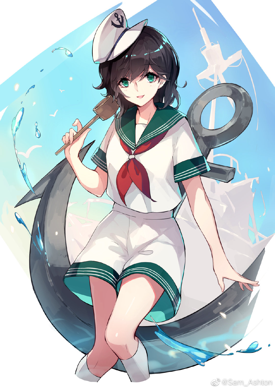 1girl :d anchor anchor_symbol artist_name bangs black_hair chinese_commentary commentary_request cropped_legs eyebrows_visible_through_hair feet_out_of_frame green_eyes green_sailor_collar hair_between_eyes hand_up hat highres hishaku holding kneehighs looking_at_viewer murasa_minamitsu neckerchief open_mouth red_neckwear sailor_collar sailor_hat sailor_shirt sam_ashton ship shirt short_hair shorts smile solo thighs touhou water_drop watercraft weibo_logo weibo_username white_background white_headwear white_legwear white_shirt white_shorts
