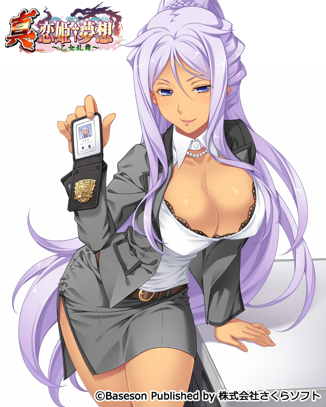 1girl belt bibyo black_jacket black_skirt blazer breasts cleavage dark_skin jacket koihime_musou kougai large_breasts long_hair police_badge purple_eyes purple_hair shirt skirt smile solo table thighs very_long_hair white_shirt