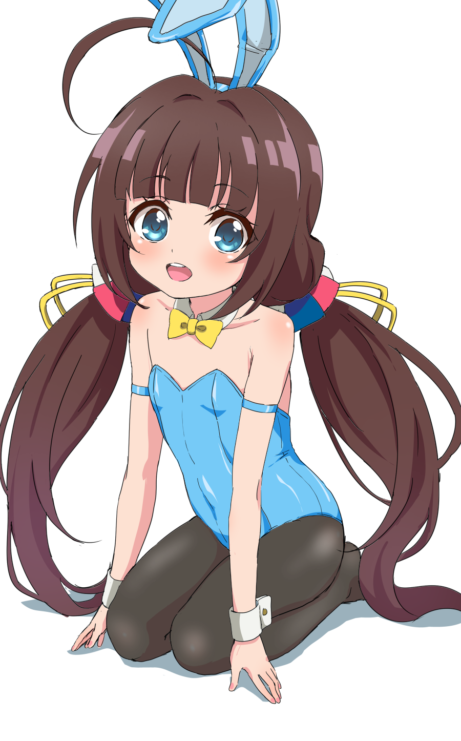 1girl animal_ears aqua_eyes black_legwear blue_leotard bow bowtie brown_hair bunny_ears bunny_girl bunnysuit commentary_request detached_collar flat_chest highres hinatsuru_ai leotard long_hair looking_at_viewer low_twintails nail_polish open_mouth pantyhose round_teeth ryuuou_no_oshigoto! seiza simple_background sitting solo strapless strapless_leotard teeth trg-_(sain) twintails upper_teeth very_long_hair white_background wrist_cuffs yellow_neckwear