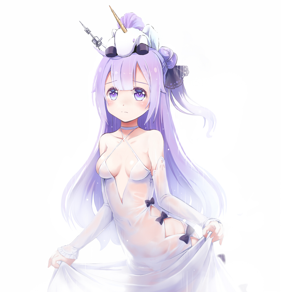 1girl ahoge azur_lane blush breasts choker cleavage collarbone commentary detached_sleeves dress dress_lift hair_bun hair_ribbon leaning_forward long_hair looking_at_viewer nitchi one_side_up ribbon side_bun simple_background solo stuffed_alicorn stuffed_animal stuffed_toy unicorn_(azur_lane) white_background white_dress