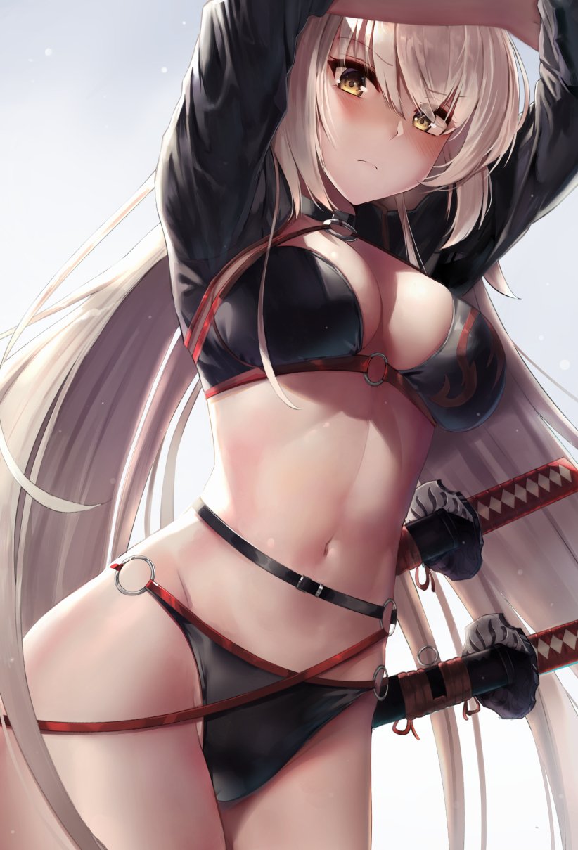 1girl ahoge arms_up bangs bikini black_bikini black_gloves black_jacket blush breasts choker cleavage cowboy_shot expressionless eyebrows_visible_through_hair fate/grand_order fate_(series) gloves gradient gradient_background hair_between_eyes highres jacket jeanne_d'arc_(alter_swimsuit_berserker) jeanne_d'arc_(fate)_(all) katana large_breasts long_hair looking_at_viewer motokonut multiple_swords o-ring o-ring_bikini sheath sheathed shrug_(clothing) silver_hair solo swimsuit sword very_long_hair weapon yellow_eyes