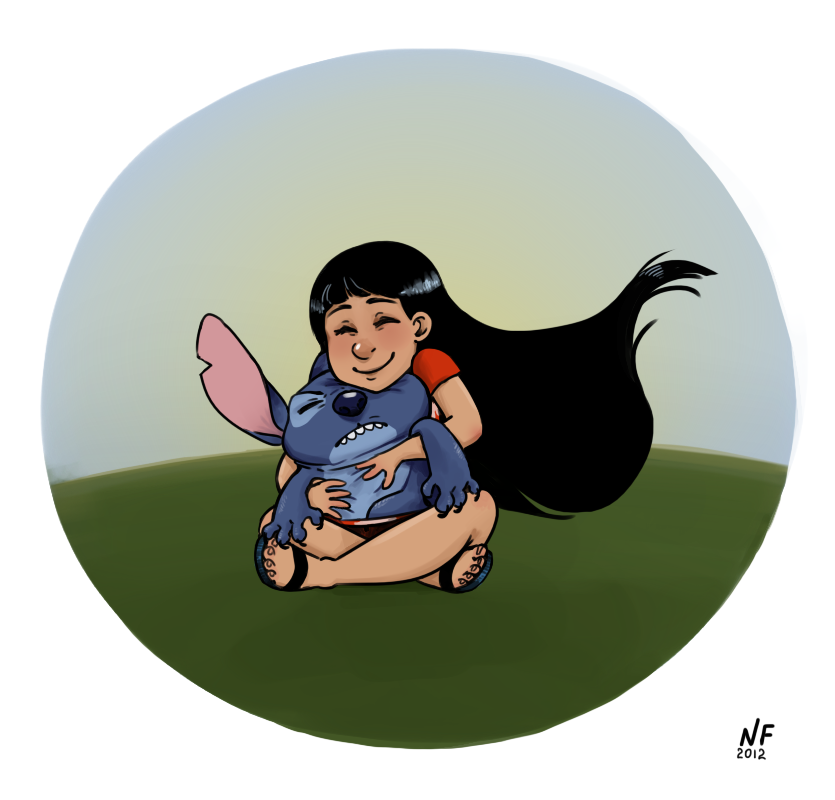 2012 4_fingers 5_fingers 5_toes alien black_hair blue_body blue_nose blush claws clothed clothing crossed_legs disney duo experiment_(lilo_and_stitch) fingers footwear hair hug hugging_from_behind human lilo_and_stitch lilo_pelekai long_hair mammal muumuu natashafenik notched_ear sandals sitting stitch_(lilo_and_stitch) toes young