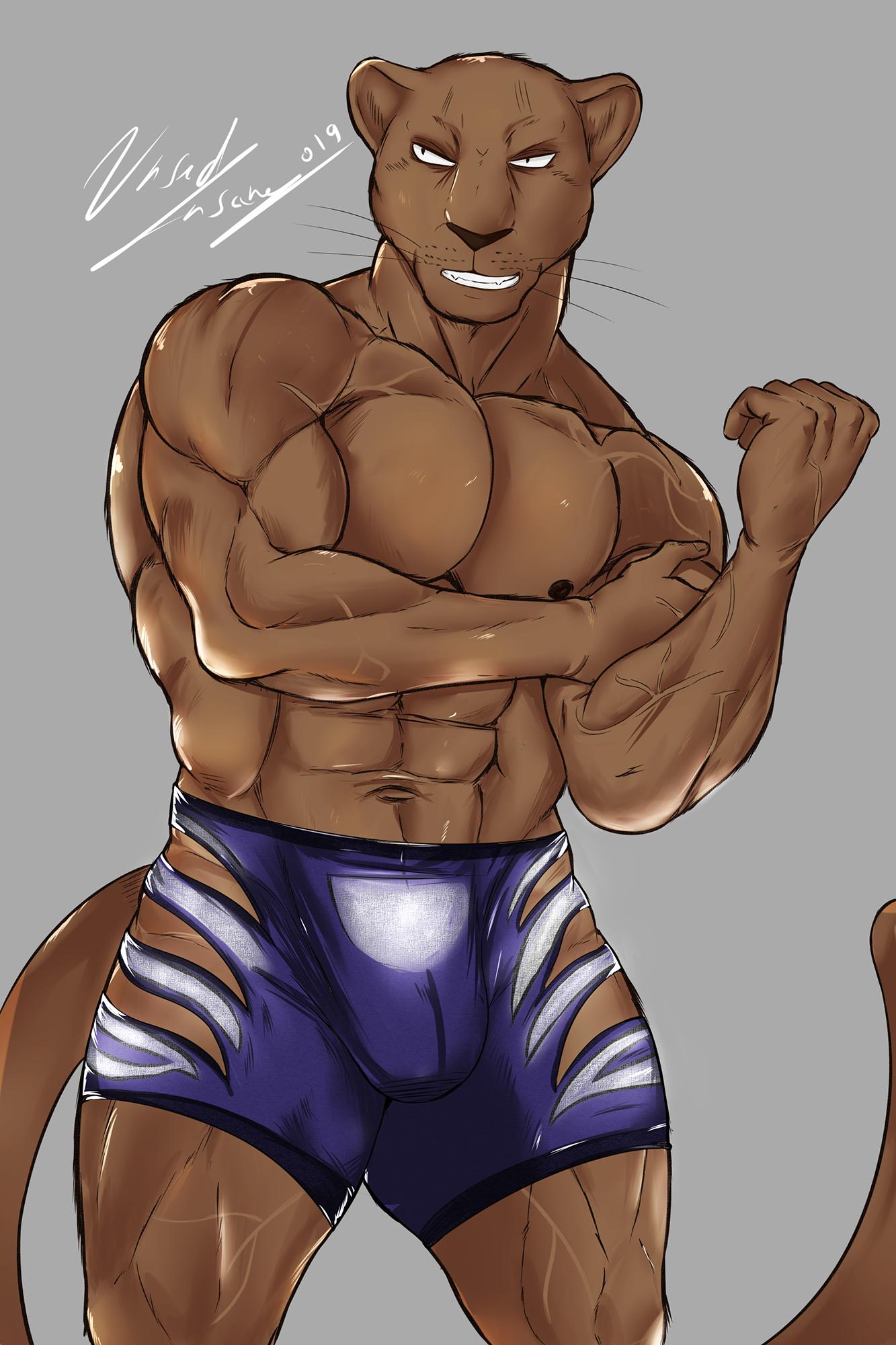 abs bulge clothing coal_(maririn) felid fur grin hi_res insaneeighteen male mammal muscular nipples pantherine pecs pose simple_background smile solo underwear vein zootopia_shorts