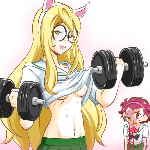 2girls animal_ears black-framed_eyewear black_neckwear blonde_hair blood blouse blush_stickers bow bowtie brown_eyes cat_ears commentary constricted_pupils detached_collar dumbbell exercise eyepatch fake_animal_ears female_pervert food fruit girls_und_panzer glasses green_skirt hair_pulled_back hairband half-closed_eyes kogane_(staygold) long_hair looking_at_another looking_at_viewer lowres microskirt midriff momogaa multiple_girls navel nekonyaa no_bra no_neckwear nosebleed ooarai_school_uniform open_mouth peach pervert pink_collar pink_hairband pleated_skirt red_hair round_eyewear school_uniform serafuku short_hair short_sleeves skirt smile standing sweat wardrobe_malfunction weightlifting weights white_blouse