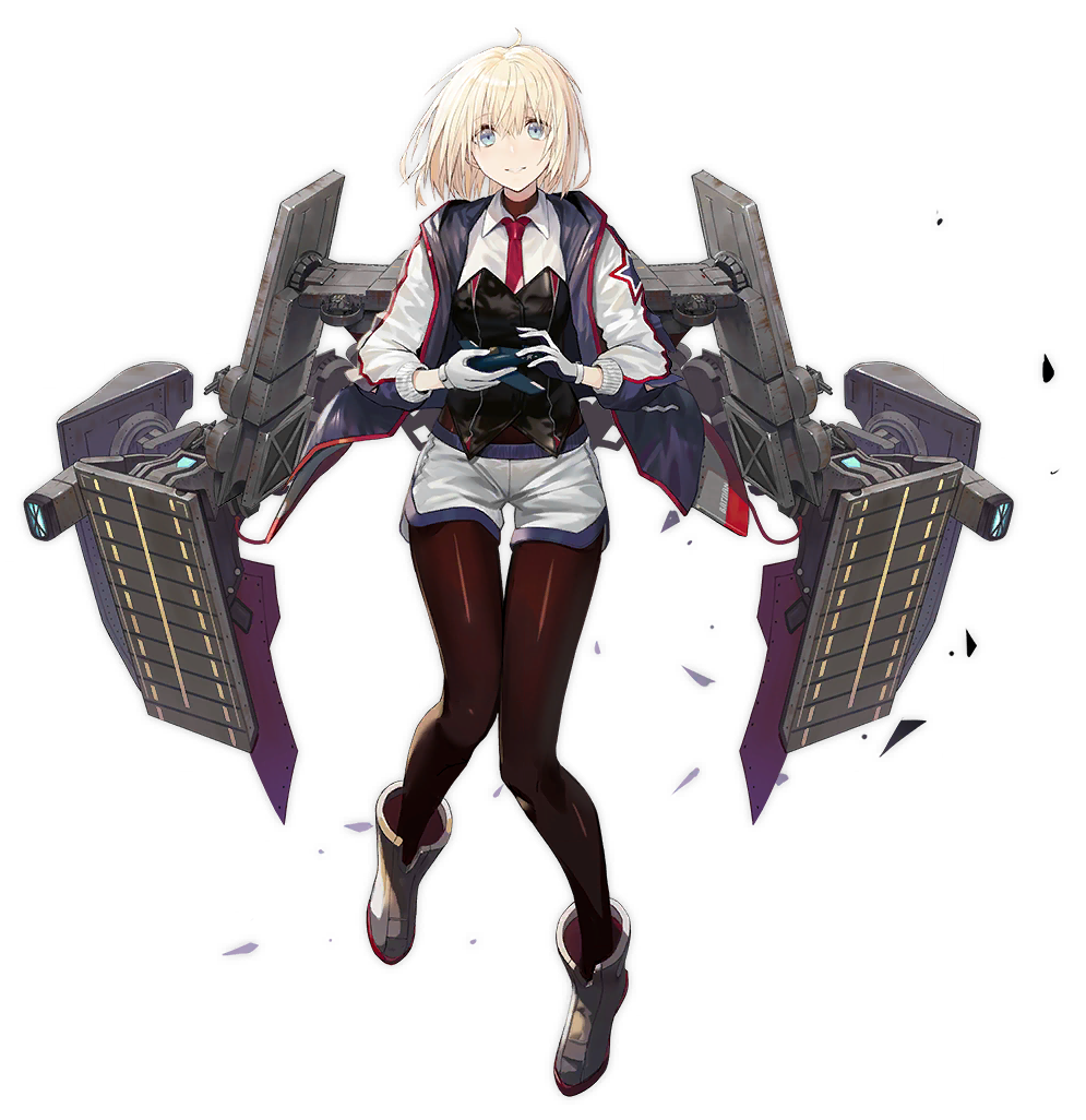 1girl aircraft azur_lane bataan_(azur_lane) blonde_hair blue_eyes bodysuit boots closed_mouth corset f6f_hellcat flight_deck full_body gloves holding jacket long_sleeves looking_at_viewer machinery necktie nin official_art open_clothes open_jacket red_neckwear shirt short_hair short_shorts shorts smile solo transparent_background white_gloves white_shirt white_shorts wing_collar