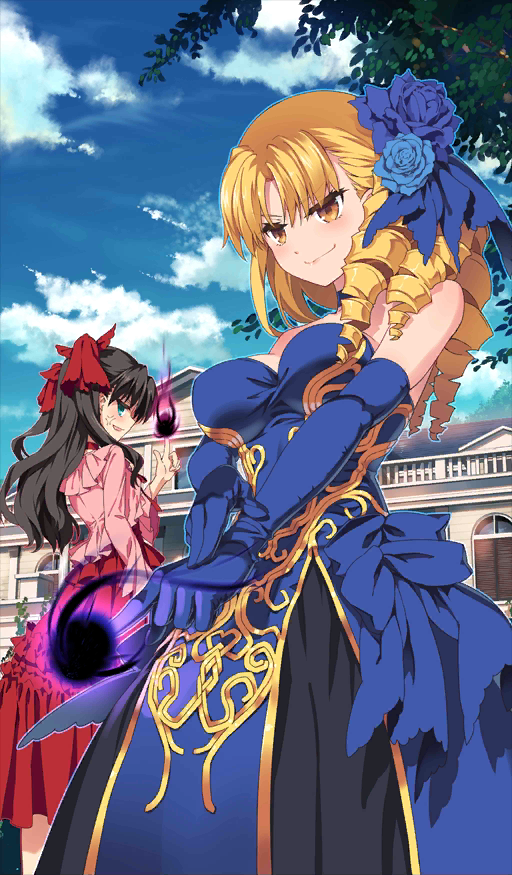 anger_vein bare_shoulders black_hair blonde_hair blue_dress blue_eyes blue_flower blue_gloves blue_ribbon blue_rose blue_sky blush breasts brown_eyes choker cloud cloudy_sky commentary_request craft_essence dress drill_hair elbow_gloves energy_ball eyelashes fate/grand_order fate_(series) flower frilled_dress frills gloves hair_flower hair_ornament hair_over_shoulder hair_ribbon hand_on_own_arm hiroyama_hiroshi large_breasts long_dress long_hair luviagelita_edelfelt mansion official_art pointing red_choker red_dress red_ribbon ribbon rose sky smirk strapless strapless_dress toosaka_rin two_side_up