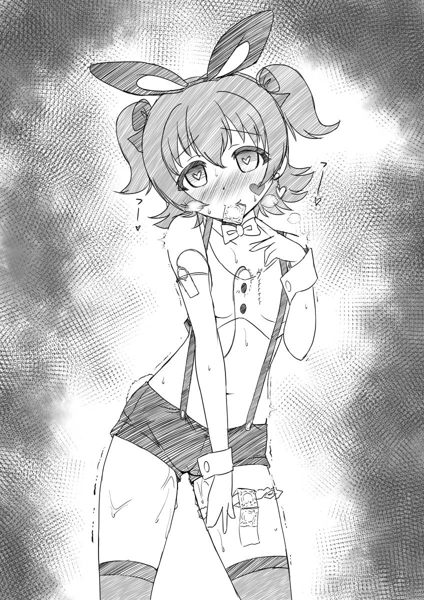 1girl akagi_miria animal_ears bangs bare_shoulders blush bow bowtie bunny_ears bunny_girl bunny_tail cameltoe closed_mouth collarbone commentary_request cowboy_shot crosshatching crotch_seam eyebrows_visible_through_hair fake_animal_ears fake_tail furrowed_eyebrows greyscale hair_between_eyes hairband hand_up hatching_(texture) head_tilt highres idolmaster idolmaster_cinderella_girls looking_at_viewer matatabi_(2ccp) midriff monochrome navel nose_blush remote_control_vibrator short_hair short_shorts shorts sketch sketch_eyebrows smile solo standing stomach suspender_shorts suspenders sweat tail taut_clothes taut_shorts thighhighs two_side_up vibrator wrist_cuffs