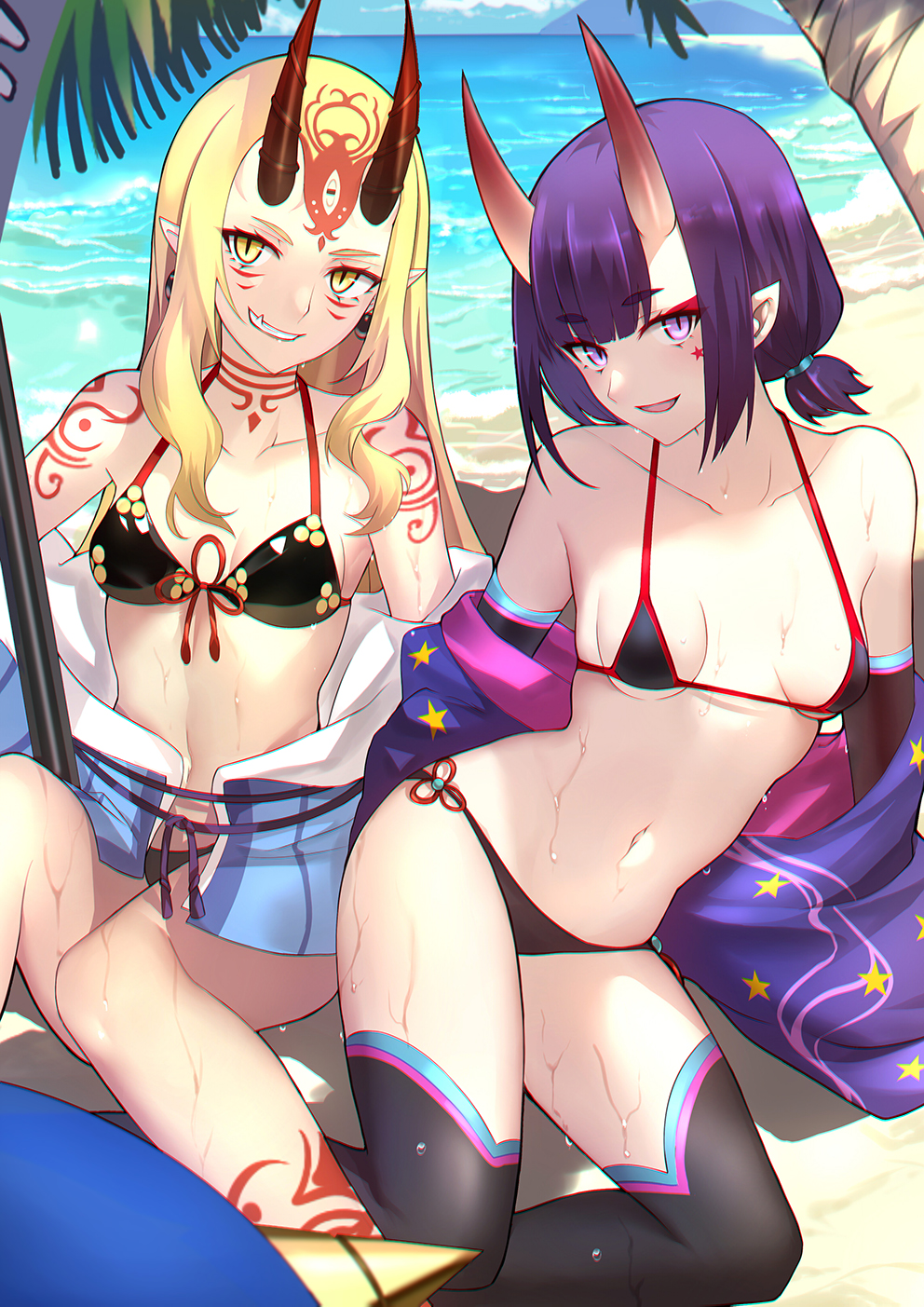 2girls bangs bare_shoulders beach bikini black_bikini black_legwear blush breasts collarbone detached_sleeves earrings eyeliner facial_mark fang fang_out fate/grand_order fate_(series) forehead_mark grin highres horns ibaraki_douji_(fate/grand_order) ibaraki_douji_(swimsuit_lancer)_(fate) jewelry long_hair looking_at_viewer low_twintails makeup micro_bikini multiple_girls navel ocean oni oni_horns open_mouth pointy_ears polearm purple_eyes purple_hair sash shiguru short_hair short_twintails shuten_douji_(fate/grand_order) shuten_douji_(halloween_caster)_(fate) small_breasts smile spear star star_print star_tattoo swimsuit tattoo thighs twintails weapon wet yellow_eyes