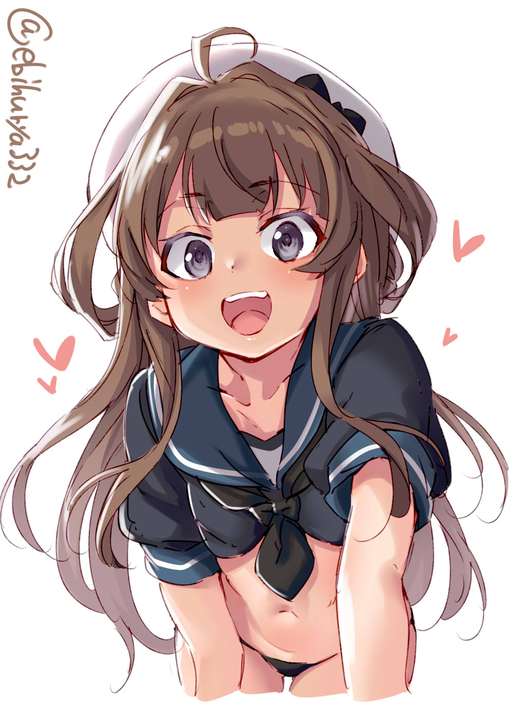 1girl adapted_costume alternate_costume arm_support black_panties blue_eyes blush breasts colored_eyelashes cosplay cropped_arms cropped_legs dress ebifurya hat highres jervis_(kantai_collection) jervis_(kantai_collection)_(cosplay) kantai_collection kongou_(kantai_collection) leaning_forward long_hair looking_at_viewer navel open_mouth panties sailor_dress sailor_hat seiyuu_connection sidelocks simple_background small_breasts solo stomach thighs touyama_nao underwear upper_teeth white_background younger