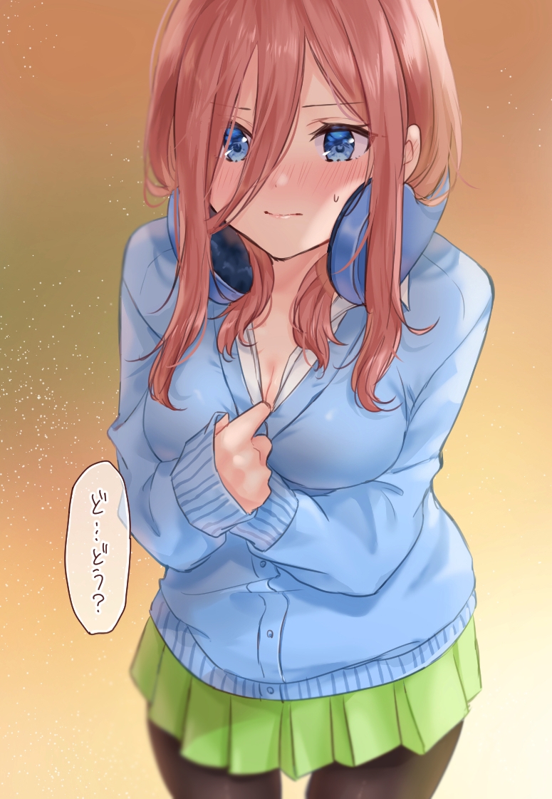 1girl blue_eyes blush breasts cardigan cleavage cowboy_shot go-toubun_no_hanayome hair_between_eyes headphones long_sleeves minori_chigusa nakano_miku pantyhose pleated_skirt red_hair skirt solo speech_bubble sweatdrop text_focus translation_request