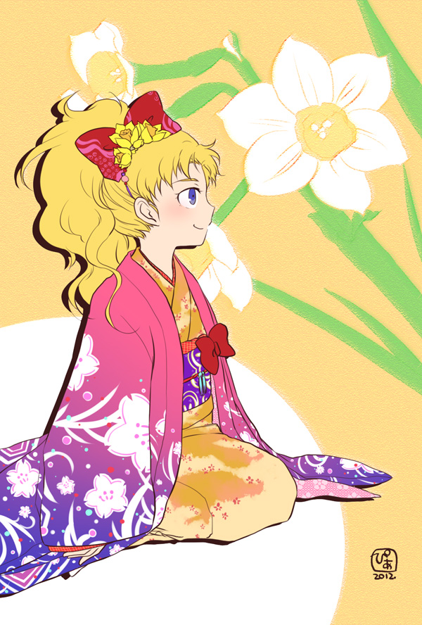 1girl 2012 blonde_hair blue_eyes closed_mouth commentary_request final_fantasy final_fantasy_v flower hair_ornament japanese_clothes kimono krile_mayer_baldesion long_hair pekamatu ponytail smile solo