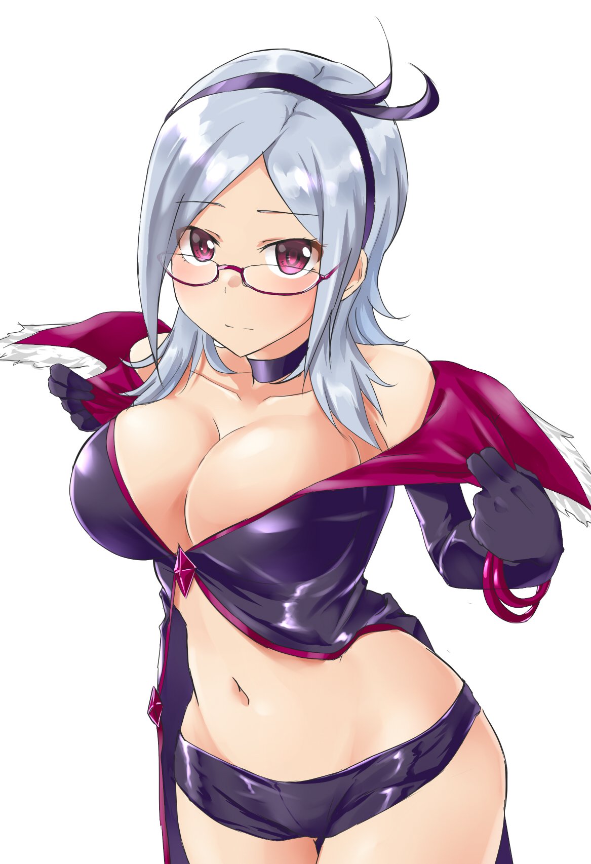 1girl aimobake bangs bare_shoulders black_coat black_gloves black_shorts bracelet breasts center_opening character_request choker cleavage closed_mouth clothes_pull collarbone copyright_request cosplay cowboy_shot eas eas_(cosplay) expressionless fur_trim glasses gloves hairband highres jewelry large_breasts latex long_hair long_sleeves looking_at_viewer micro_shorts midriff navel off_shoulder parted_bangs purple-framed_eyewear purple_eyes revealing_clothes semi-rimless_eyewear shorts sidelocks silver_hair simple_background solo standing thighs under-rim_eyewear white_background
