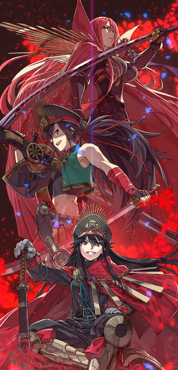 1boy 2girls :d belt black_gloves black_hair bodysuit breastplate breasts cape fate/grand_order fate_(series) fingerless_gloves gloves grin gun hat highres holding holding_sword holding_weapon katana large_breasts long_hair midriff multiple_girls oda_kippoushi_(fate) oda_nobunaga_(fate) oda_nobunaga_(maou_avenger)_(fate) open_mouth red_eyes red_hair sheath sheathed sitting smile sword teeth very_long_hair vest weapon white_gloves yahako