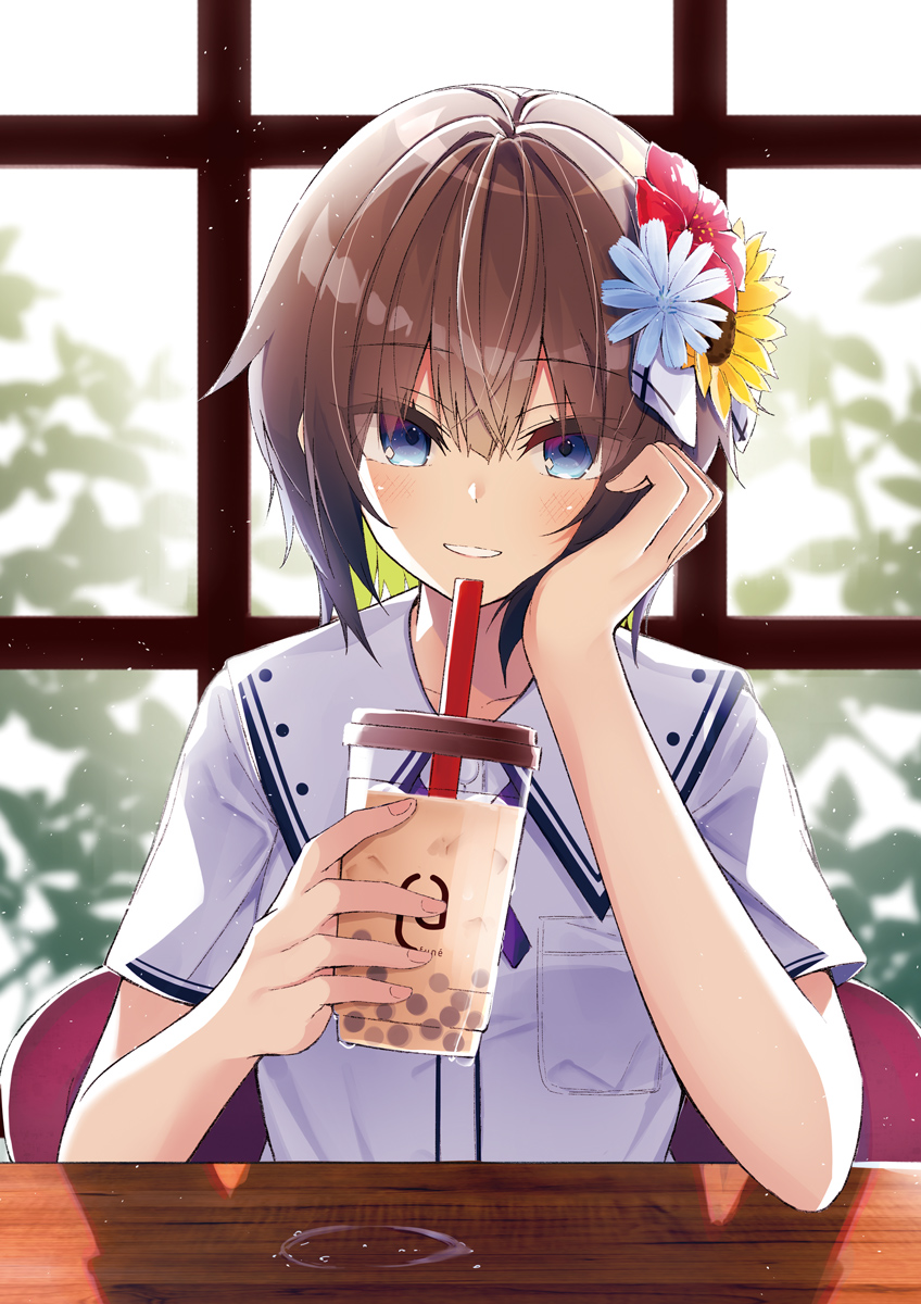 1girl arm_support bangs blue_eyes blue_flower blush brown_hair bubble_tea collared_shirt commentary_request cup disposable_cup dress_shirt drinking_straw eyebrows_visible_through_hair flower green_hair hair_between_eyes hair_flower hair_ornament hand_up highres holding holding_cup kavka looking_at_viewer multicolored_hair original parted_lips red_flower school_uniform shirt short_sleeves smile solo two-tone_hair upper_body white_shirt window yellow_flower