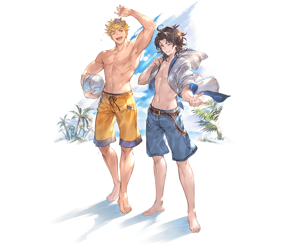 2boys ;d abs adonis_belt alpha_transparency arm_up barefoot belt black_hair blonde_hair blue_sky granblue_fantasy jacket lancelot_(granblue_fantasy) looking_at_viewer male_focus male_swimwear minaba_hideo mullet multiple_boys no_nipples official_art one_eye_closed open_mouth outstretched_hand palm_tree parted_lips sky smile swim_trunks swimwear transparent_background tree vane_(granblue_fantasy) volleyball white_jacket