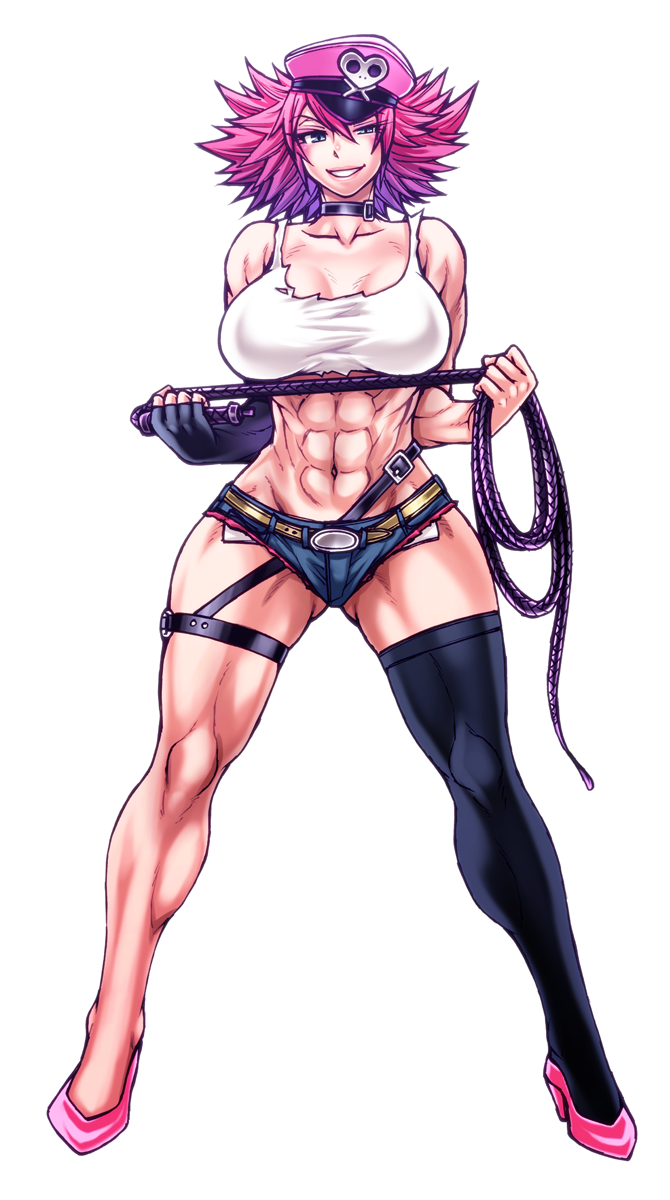 1girl abs ass_visible_through_thighs belt belt_collar black_legwear breasts chiba_toshirou cleavage collar collarbone crop_top fingerless_gloves full_body gloves hat high_heels highres large_breasts legs_apart muscle muscular_female peaked_cap pink_hair pink_headwear pink_legwear poison_(final_fight) short_shorts shorts single_glove single_thighhigh sleeveless smile solo spiked_hair standing street_fighter street_fighter_v thick_thighs thigh_strap thighhighs thighs toned whip