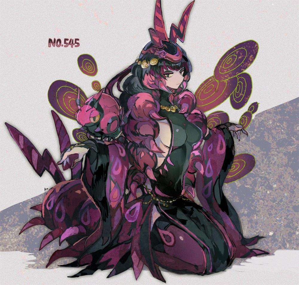 1girl antennae artist_name black_dress black_eyes black_hair breasts bug closed_mouth commentary_request covered_navel dress eyeshadow fake_antennae full_body gen_5_pokemon half-closed_eyes hands_up jpeg_artifacts kantarou_(8kan) kneeling looking_at_viewer makeup medium_breasts multicolored_hair nail_polish number pelvic_curtain personification pokemon pokemon_(creature) pokemon_number purple_eyes purple_hair purple_legwear red_nails scolipede seiza shiny shiny_hair sideboob signature sitting solo_focus thighhighs turtleneck two-tone_hair venipede whirlipede yellow_sclera