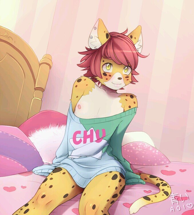 anthro aoiuchuu bed bedroom cheetah clothing felid feline girly hair male mammal pillow solo sweater topwear