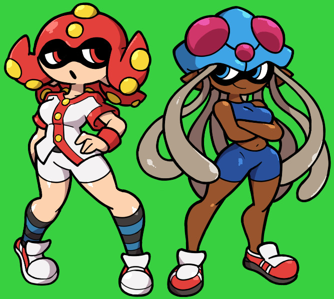 2girls blue_eyes buttons clothed clothing crossed_arms crossover dark-skinned_female dark_skin dark_skinned_female digital_media_(artwork) female female_focus group hair hand_on_hip inkling legs looking_at_another medium_breasts navel nintendo octillery open_mouth pants pokemon pokemon_(creature) pokemon_(game) pokemon_gsc pokemon_rgby red_eyes shenanimation shirt shoes shorts socks splatoon splatoon_(series) tentacle_hair tentacles tentacruel