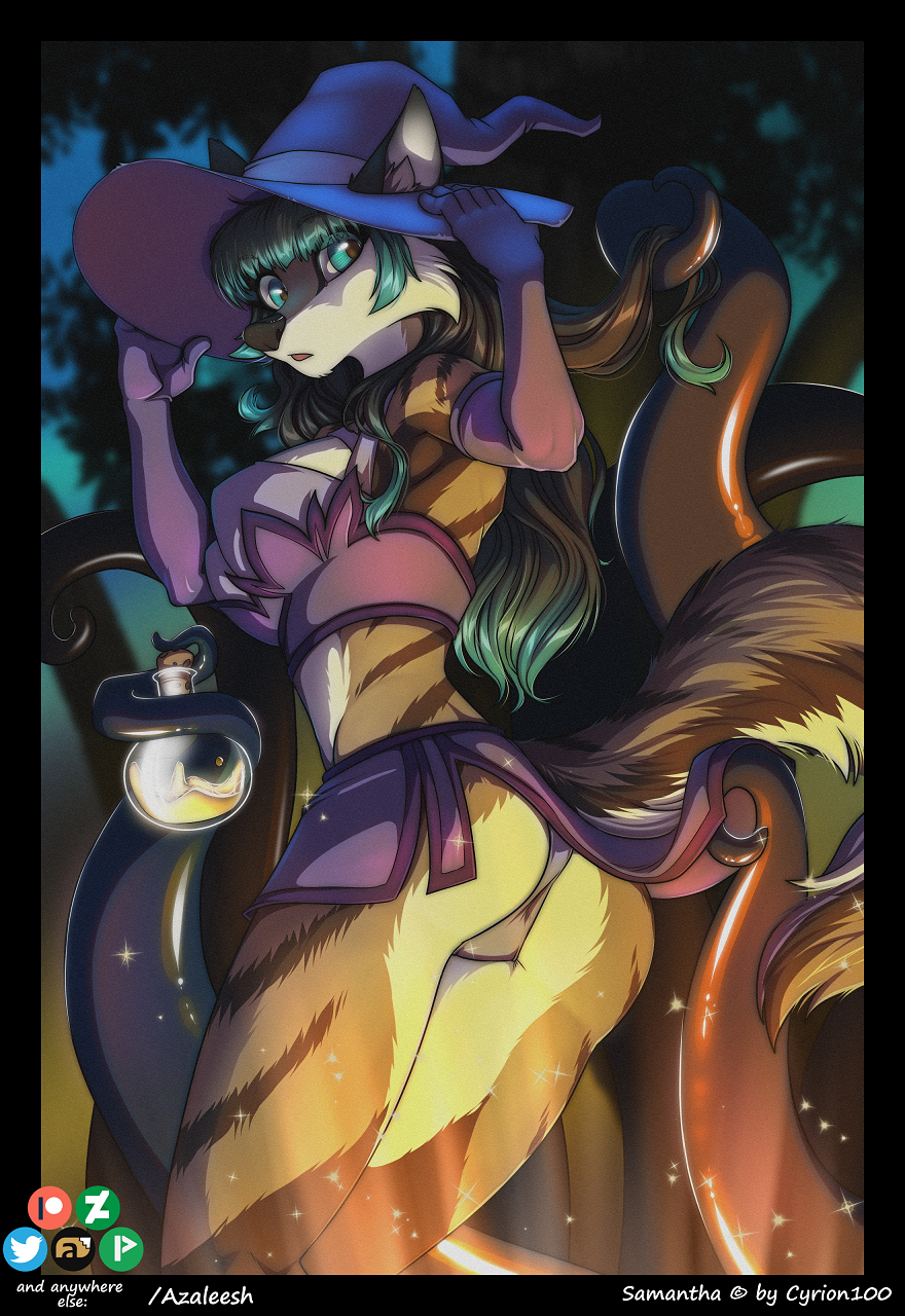 azaleesh canid canine clothing female fire forest hi_res mammal panties samantha solo tentacles tree underwear