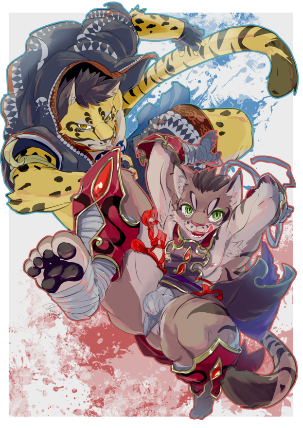 anthro armpit_hair clothed clothing clouded_leopard felid feline fur green_eyes leopard leopard_cat likulau looking_at_viewer male mammal muscular muscular_male nekojishi pantherine prionailurus shu-chi spots spotted_fur tattoo yu_chi_i