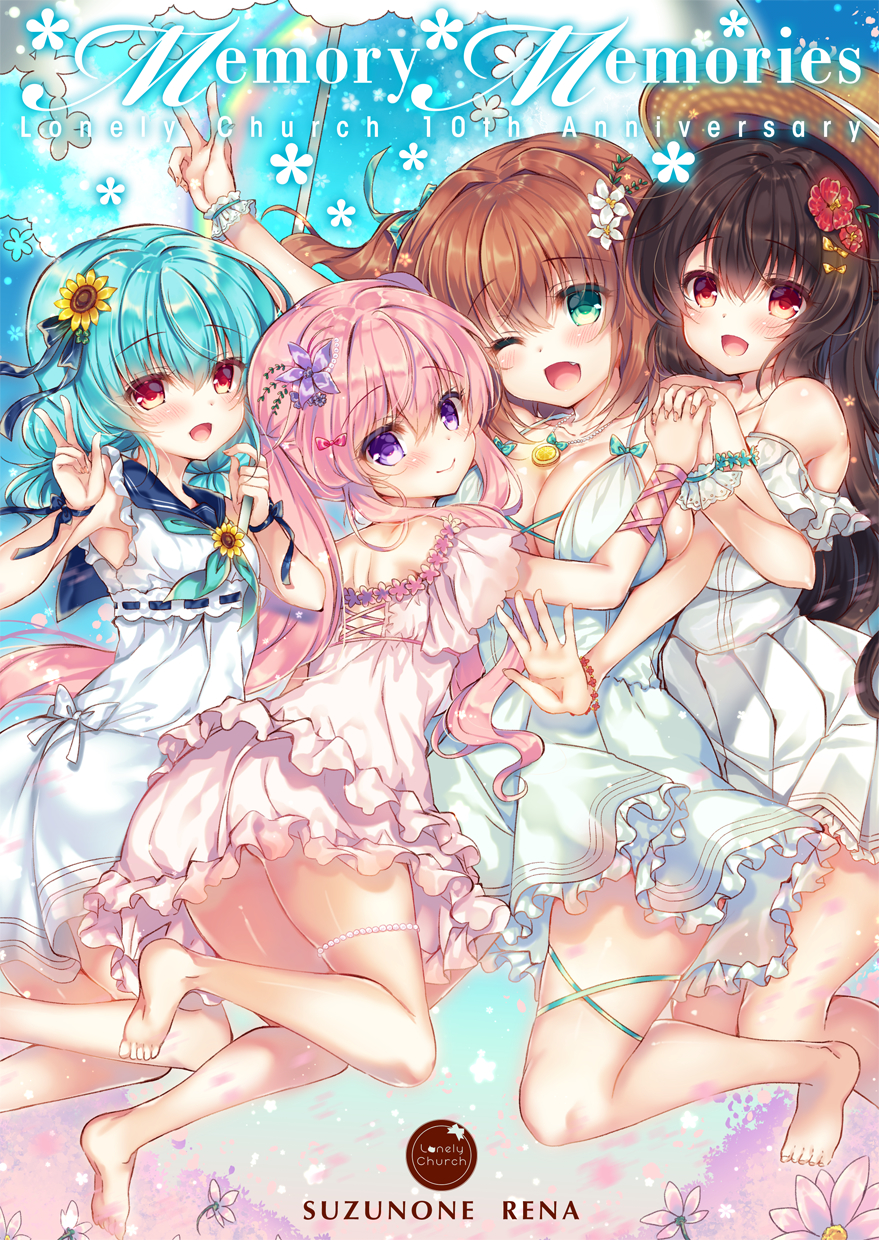 4girls :d ;d aoki_kaede arm_up bangs bare_shoulders barefoot black_hair blue_hair blush breasts brown_hair brown_headwear cleavage closed_mouth collarbone commentary_request dress eyebrows_visible_through_hair fang green_eyes hair_between_eyes hat highres hiiragi_hiyori large_breasts lilia_chocolanne long_hair multiple_girls off-shoulder_dress off_shoulder one_eye_closed open_mouth original pink_dress pink_hair purple_eyes rainbow red_eyes smile soles suzunone_rena twintails v very_long_hair white_dress