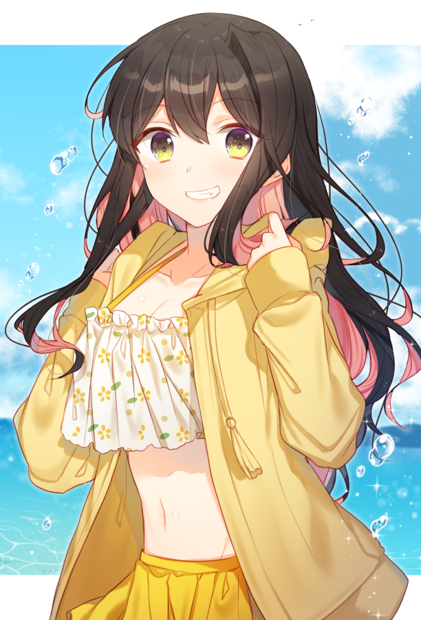 1girl black_hair blue_sky breasts cleavage cloud cloudy_sky collarbone commentary_request crop_top day drawstring floral_print grin hands_up hiiragi_souren hood hood_down jacket kantai_collection long_hair long_sleeves looking_at_viewer medium_breasts midriff miniskirt multicolored_hair naganami_(kantai_collection) navel ocean open_clothes open_jacket outdoors pink_hair sidelocks skirt sky smile solo two-tone_hair upper_body water wavy_hair yellow_eyes yellow_jacket yellow_skirt