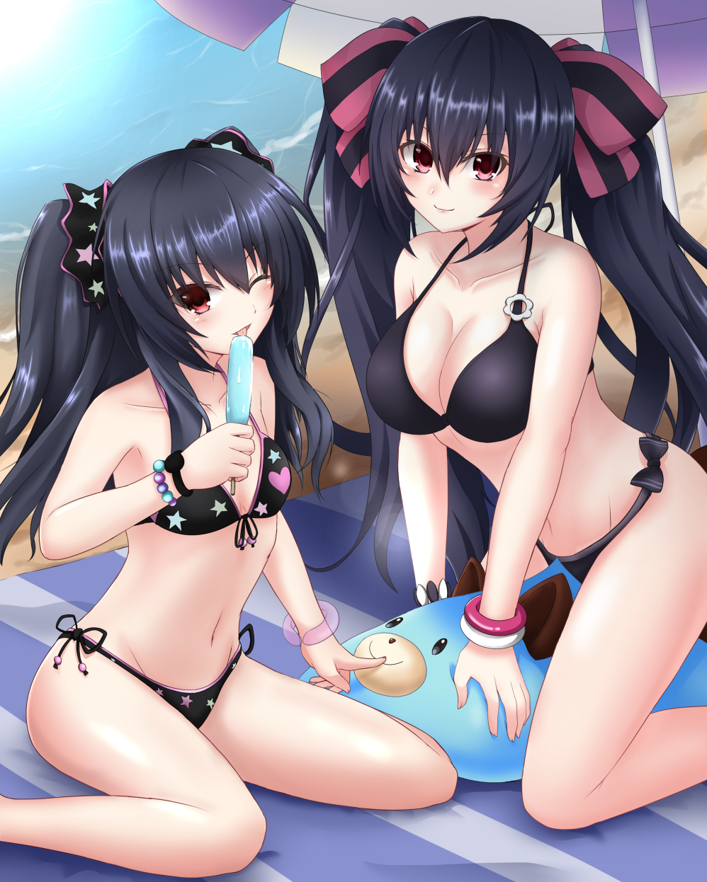 2girls beach beach_umbrella bikini black_bikini black_hair bracelet breasts choujigen_game_neptune choujigen_game_neptune_mk2 cleavage collarbone flat_chest food frilled_bikini frills highres jewelry large_breasts looking_at_viewer multiple_girls neptune_(series) noire popsicle red_eyes seshiro_(which501) side-tie_bikini star star_print swimsuit twintails umbrella uni_(neptune_series) waves