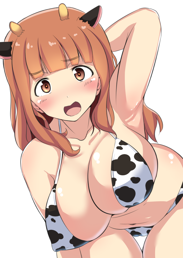 1girl animal_ears animal_print arm_behind_head armpits bent_over bikini blush breasts brown_eyes brown_hair cameltoe cleavage collarbone cow_print eyebrows_visible_through_hair fake_animal_ears fake_horns girls_und_panzer groin horns large_breasts long_hair looking_at_viewer navel open_mouth shiny shiny_hair shiny_skin simple_background solo swimsuit swimwear takebe_saori white_background yottan