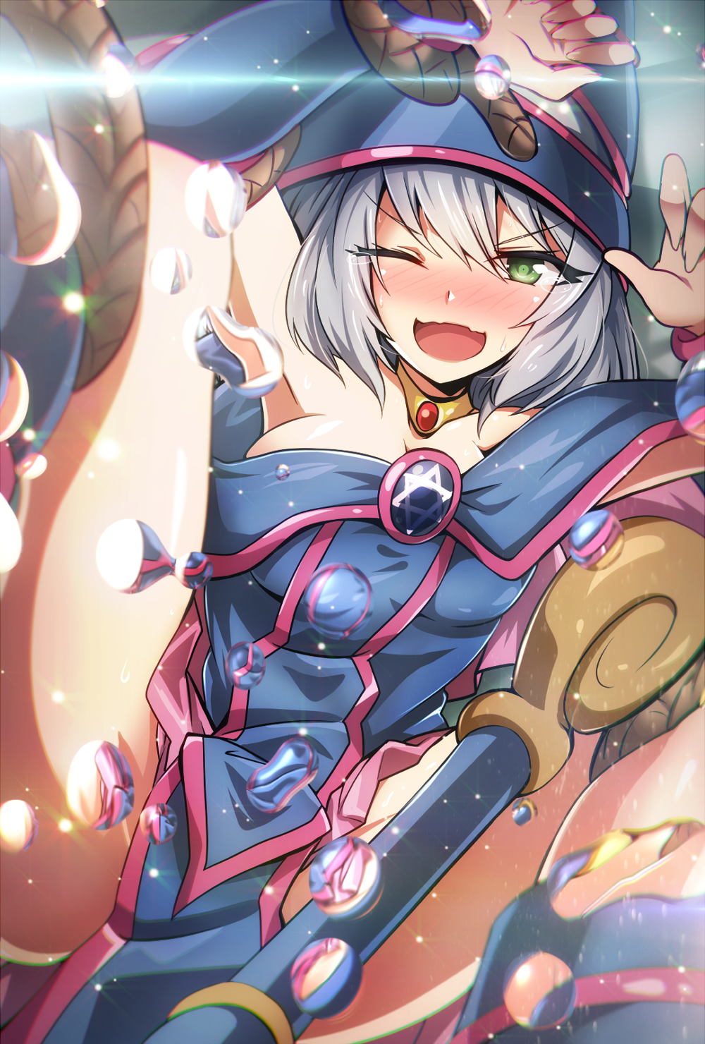 1girl ;d arms_up blush bound breasts choker cleavage cosplay dark_magician_girl dark_magician_girl_(cosplay) green_eyes grey_hair hat highres looking_at_viewer one_eye_closed open_mouth pelvic_curtain restrained rope short_hair smile solo spread_legs staff sweat tejina_senpai tied_up tom_(drpow) wizard_hat yuu-gi-ou