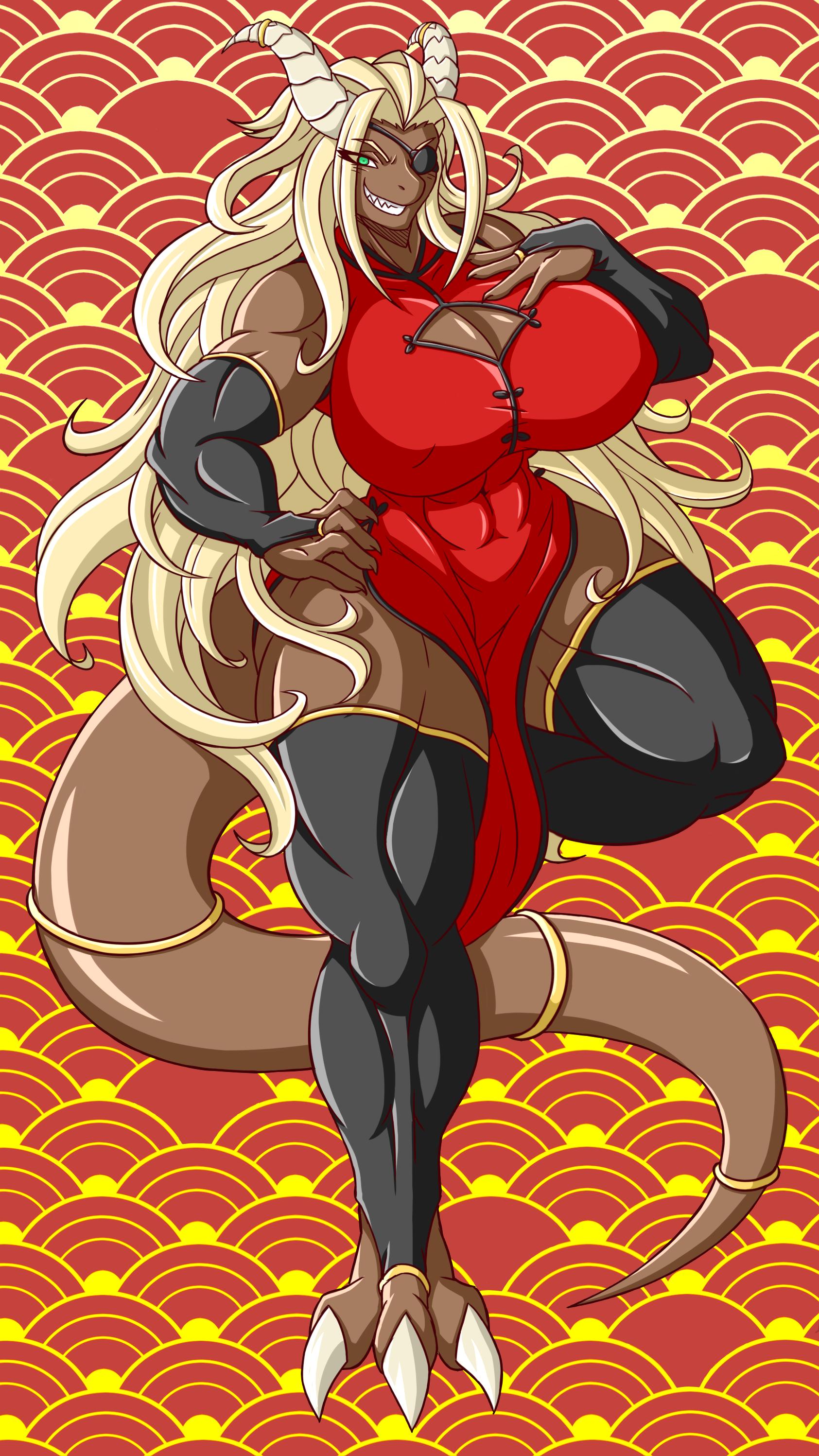abs absurd_res anthro big_breasts breasts cleavage clothed clothing dragon eye_patch eyewear female hi_res muscular muscular_female nipple_outline rakkuguy