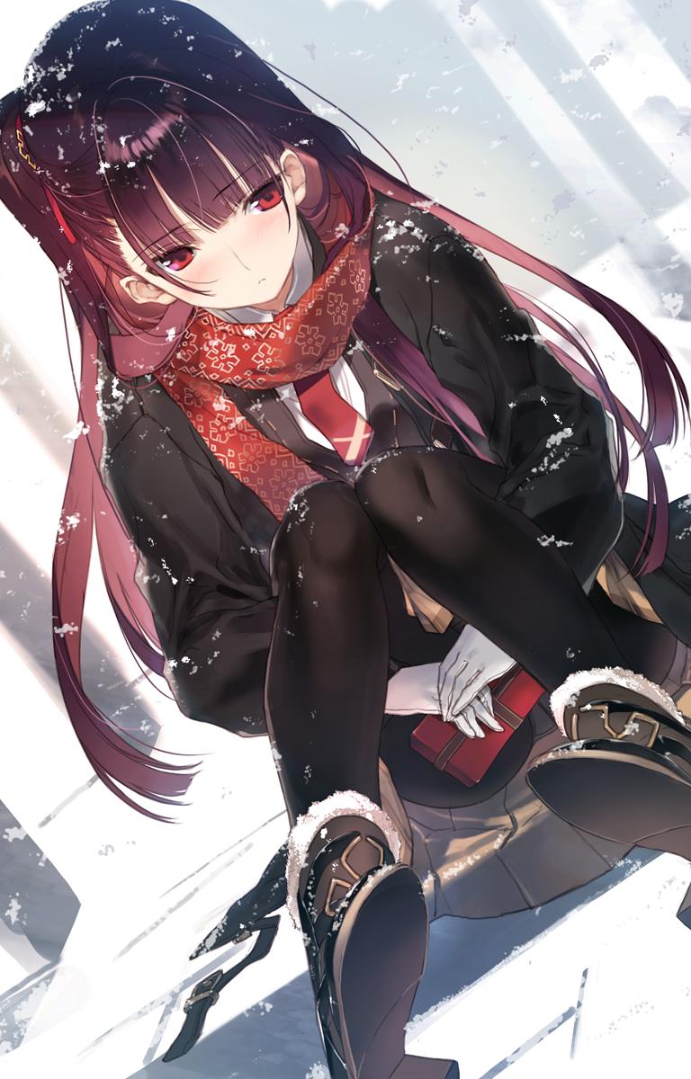 1girl alternate_costume bangs black_coat black_footwear black_skirt blush breasts breath brown_skirt closed_mouth coat cold day eyebrows_visible_through_hair gift girls_frontline gloves hair_ribbon high_heels highres holding holding_gift large_breasts long_hair looking_at_viewer nakamura_takeshi one_side_up outdoors outside_border pantyhose plaid pleated_skirt purple_hair red_eyes red_scarf ribbon scarf shirt sitting skirt snowflake_print snowing solo very_long_hair wa2000_(girls_frontline) white_gloves