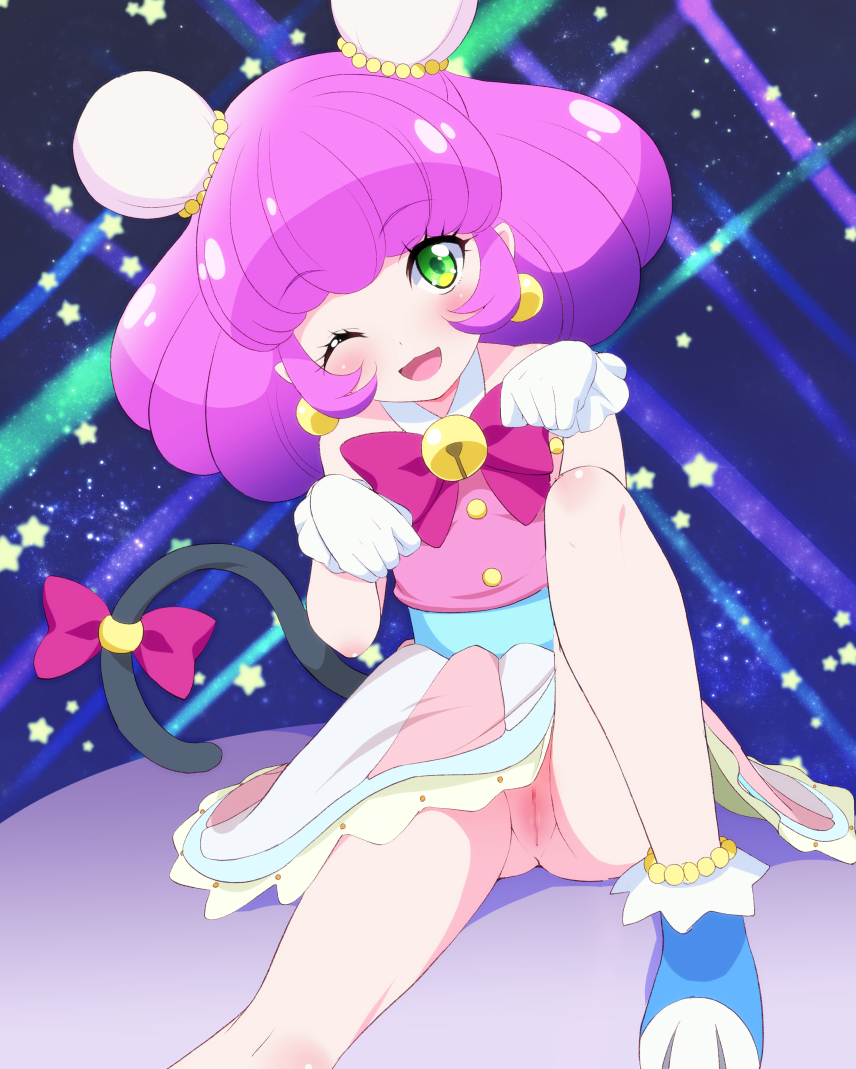 1girl ;d blue_footwear blush cat_tail censored chisato_(missing_park) double_bun eyebrows_visible_through_hair gloves green_eyes looking_at_viewer mao_(precure) mosaic_censoring no_panties one_eye_closed open_mouth paw_pose pink_hair precure pussy short_hair skirt smile solo star star_twinkle_precure starry_background tail white_gloves yuni_(precure)