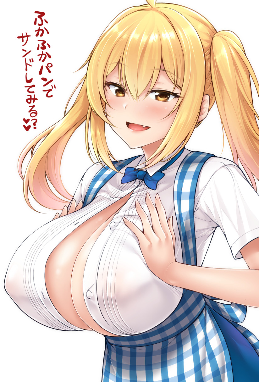 1girl ahoge bangs blonde_hair blue_skirt blush borrowed_character breast_squeeze breasts bursting_breasts cleavage fang hair_between_eyes highres huge_breasts long_hair looking_at_viewer open_mouth original saaya_(kirome) shirt short_sleeves simple_background skirt smile solo twintails uni8 white_background white_shirt