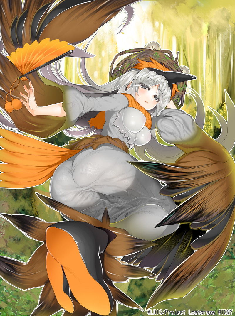 1girl ass black_footwear breasts char copyright_name egg fan folding_fan forest full_body large_breasts long_sleeves nature nest official_art outdoors silver_hair solo twisted_torso watermark wide_sleeves wixoss