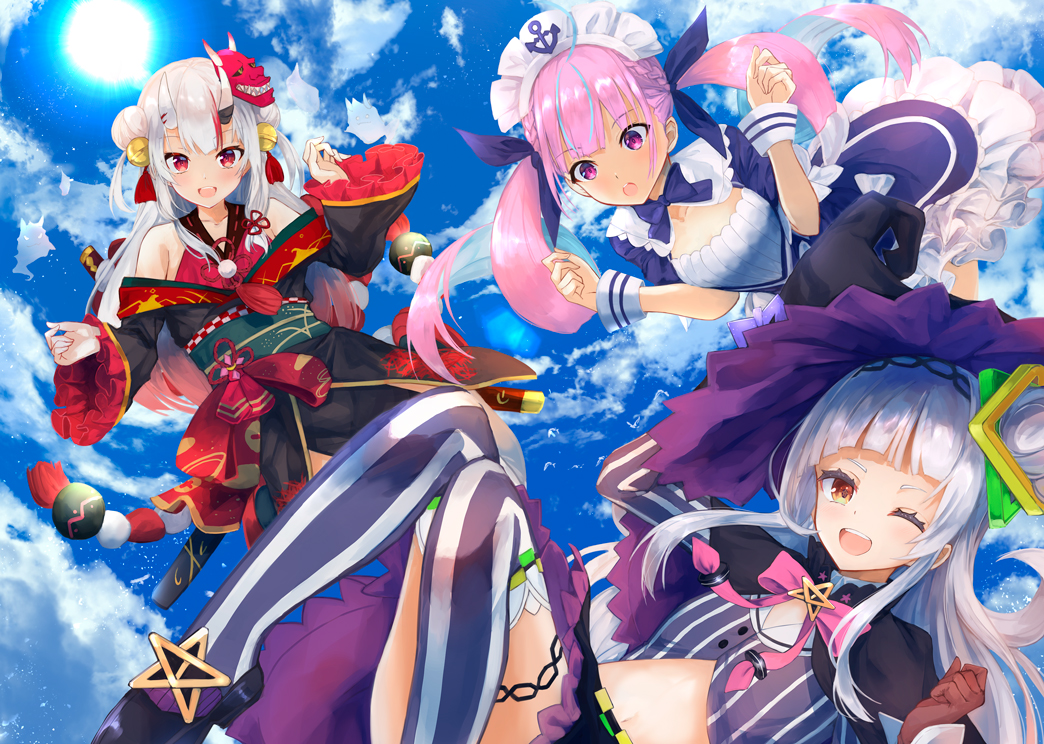 3girls :d ;d anchor bare_shoulders black_capelet black_footwear black_headwear black_kimono black_skirt blue_dress blue_hair blue_ribbon blue_sky bow braid brown_gloves capelet cloud cloudy_sky collarbone commentary_request crop_top day dress gloves hair_bun hair_ornament hair_ribbon hands_up hat hololive horns japanese_clothes kimono konkito long_hair long_sleeves maid_headdress mask mask_on_head minato_aqua multicolored_hair multiple_girls murasaki_shion nakiri_ayame obi off_shoulder one_eye_closed oni oni_horns oni_mask open_mouth outdoors pink_bow pink_hair puffy_short_sleeves puffy_sleeves purple_eyes purple_legwear red_eyes red_hair ribbon sash sheath shoes short_sleeves silver_hair skirt sky sleeves_past_wrists smile streaked_hair striped striped_legwear sun sunlight thighhighs two-tone_hair upper_teeth vertical-striped_legwear vertical_stripes very_long_hair virtual_youtuber wide_sleeves witch_hat wrist_cuffs