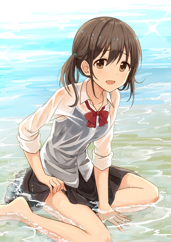 1girl :d barefoot black_hair black_skirt bow bowtie brown_eyes character_request commentary copyright_request looking_at_viewer low_twintails mugi_(banban53) one-piece_swimsuit open_mouth partially_submerged pleated_skirt school_uniform see-through shirt skirt smile solo swimsuit swimsuit_under_clothes twintails wet wet_clothes white_shirt